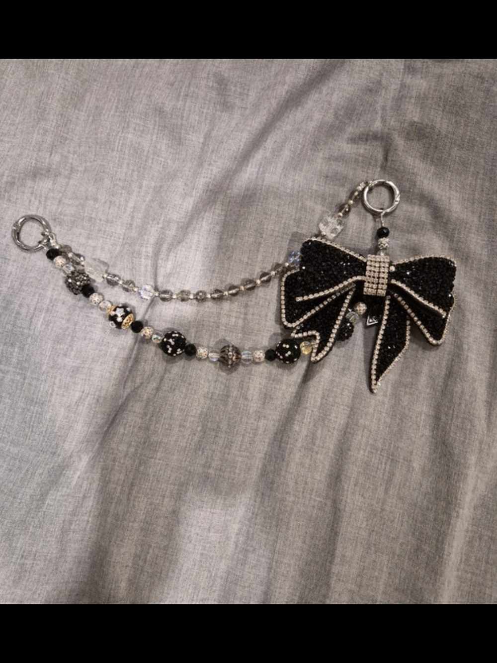Crystal Bow Beaded Keychain Charm - Black & Silver
